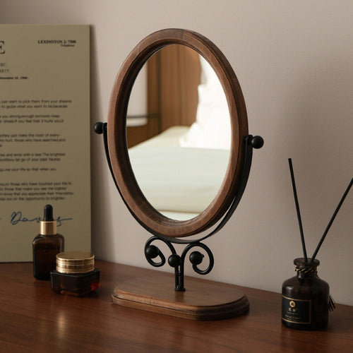 Bedroom Vintage Tabletop Mirror, Solid Wood Makeup Mirror, Household Desktop Wooden Chinese-Style Upright Rotatable Dressing Mirror