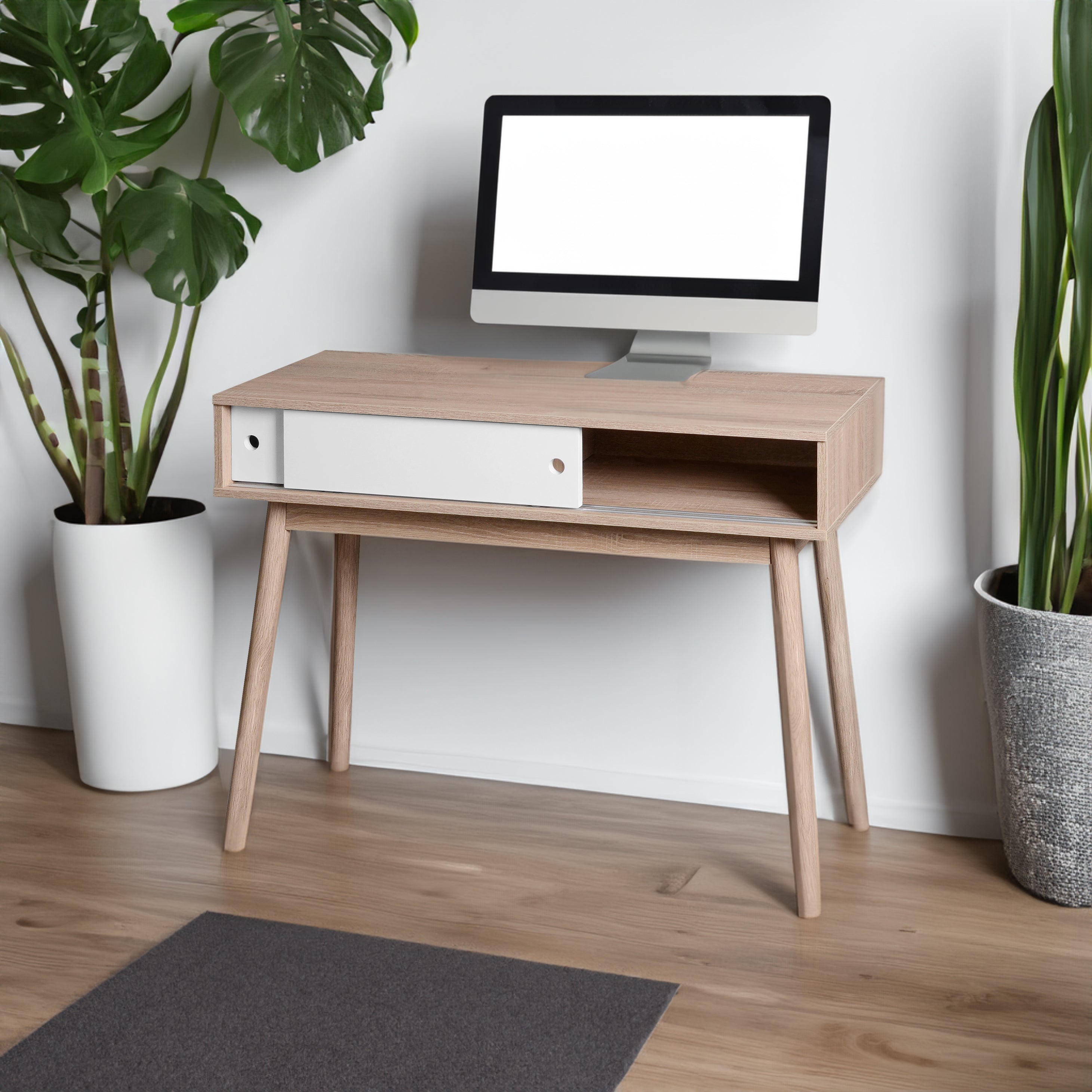 Kitchen Mid-Century Table Writing Desk with 2 Push-pull White Panel Drawers and Wood Legs, Natural Color - Natural