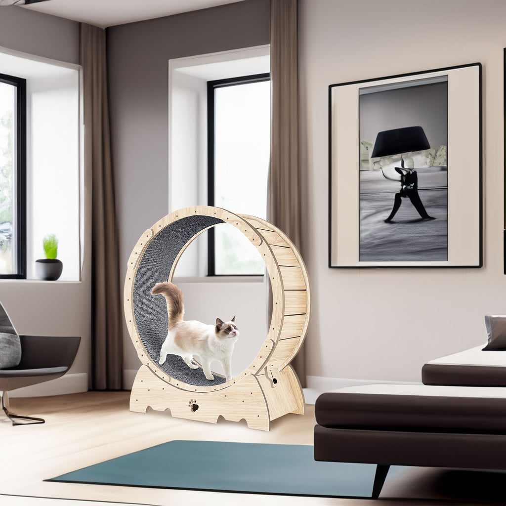 Cat Exercise Wheel for Indoor Cats, Cat Running Wheel with Carpeted Runway 37" Natural Wood Color - Natural Wood+Wood