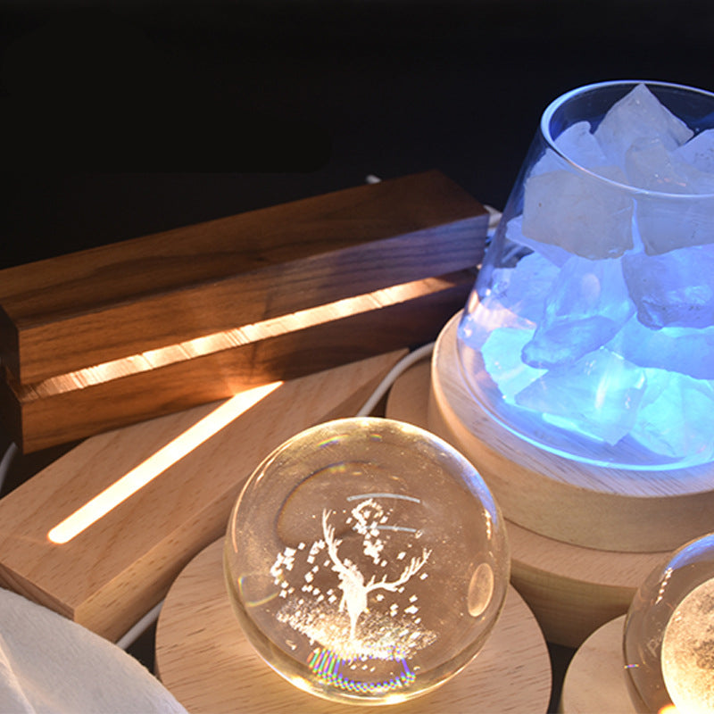 Round Crystal Luminous Wood Base Solid Wood Led Small Night Light Base Fireless Aromatic Small Night Light Gift Wooden Ornaments