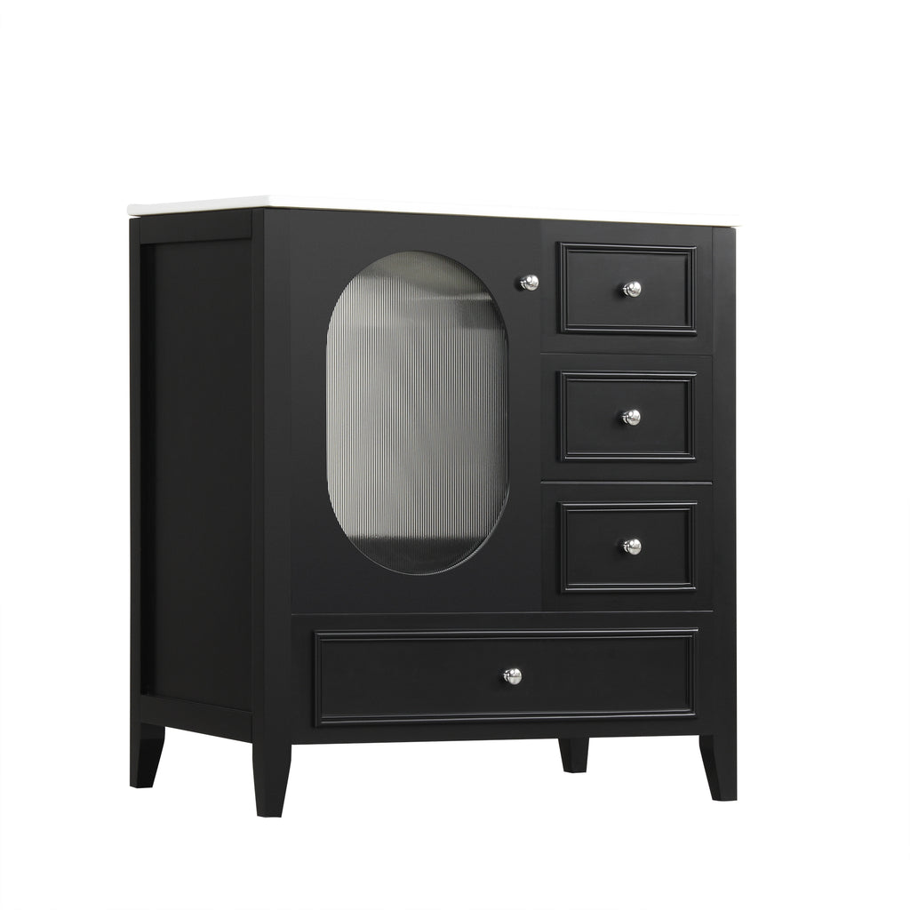 30" Bathroom Vanity with Sink, Bathroom Vanity Cabinet with Three Drawers and Door, Solid Wood and MDF, Black