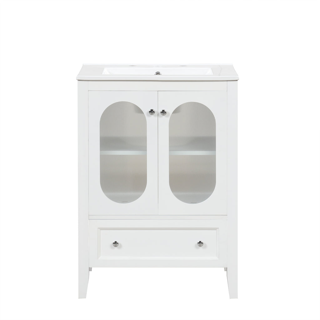 24" Bathroom Vanity with Sink, Bathroom Vanity Cabinet with One Drawer and Doors, Adjustable Shelf, Solid Wood and MDF, White