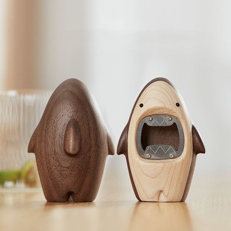 Solid wood shark beer bottle opener creative personality cute screwdriver desktop decoration home cartoon bottle opener decoration - Black Walnut