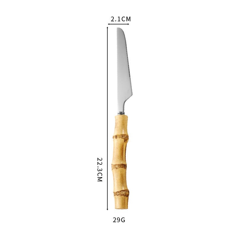 Natural Bamboo Handle Stainless Steel Tableware, Dessert Salad Spoon Fork, Bamboo Joint Handle, Western Food Steak Knife