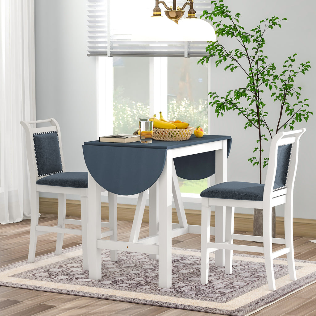 TOPMAX 3-Piece Wood Counter Height Drop Leaf Dining Table Set with 2 Upholstered Dining Chairs for Small Place White+Gray - SP000259AAE