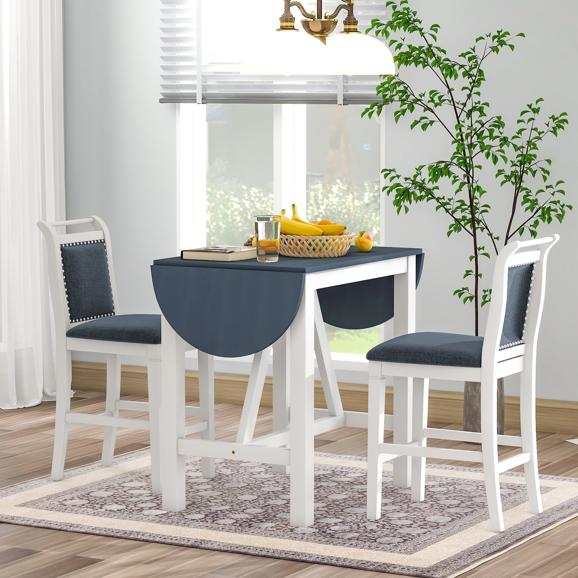 TOPMAX 3-Piece Wood Counter Height Drop Leaf Dining Table Set with 2 Upholstered Dining Chairs for Small Place White+Gray - SP000259AAE