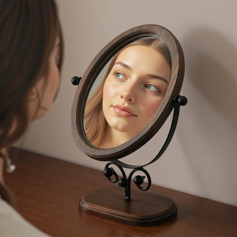 Bedroom Vintage Tabletop Mirror, Solid Wood Makeup Mirror, Household Desktop Wooden Chinese-Style Upright Rotatable Dressing Mirror