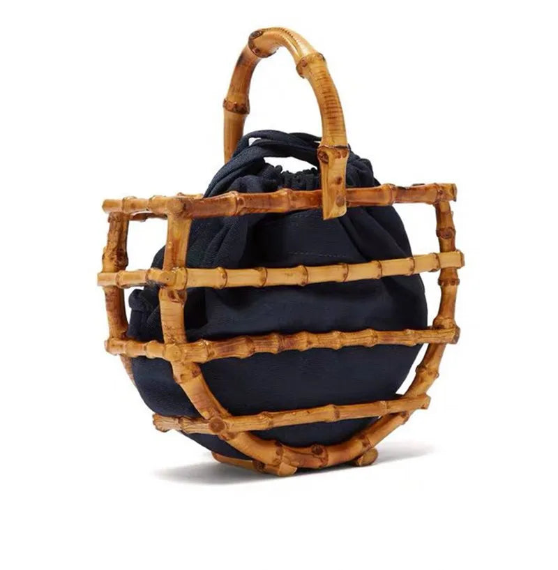 Handmade tassel bamboo knot bag water bucket bag semi-circular bamboo basket handbag for women - True color