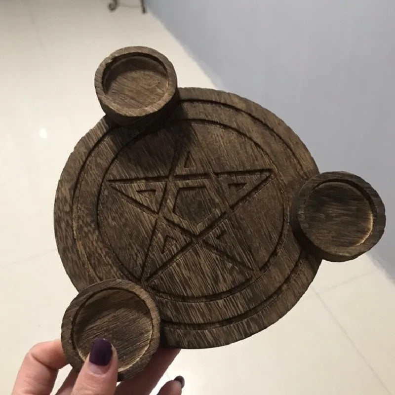 Astrology Pentagram wood Candlestick table Pentacle altar plate Triquetra wooden Divination Wicca ceremony Accessories
