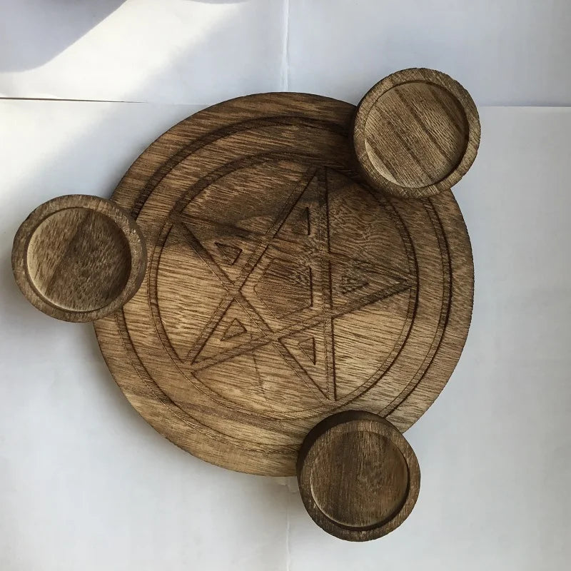 Astrology Pentagram wood Candlestick table Pentacle altar plate Triquetra wooden Divination Wicca ceremony Accessories - Diameter 16CM
