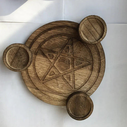 Astrology Pentagram wood Candlestick table Pentacle altar plate Triquetra wooden Divination Wicca ceremony Accessories - Diameter 16CM
