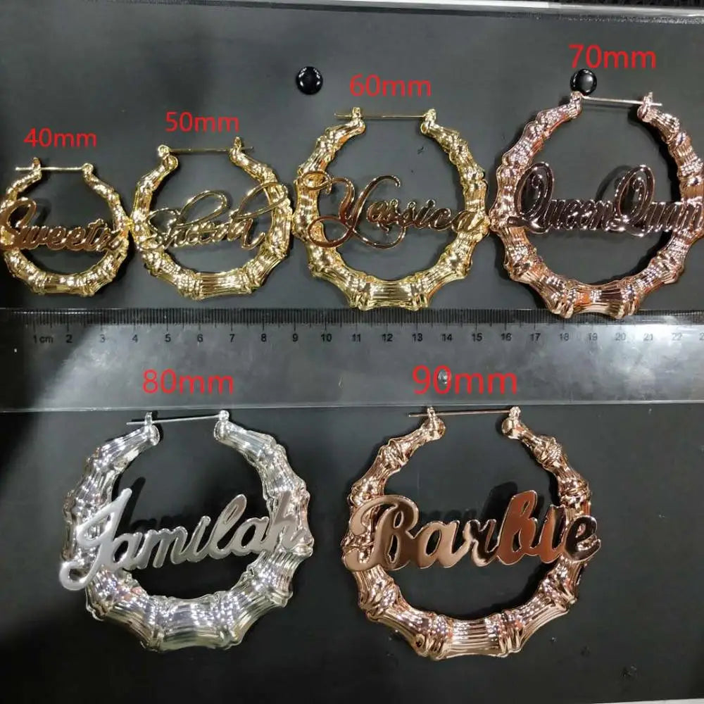DOREMI Stainless Steel Bamboo Hoop Earrings Customize Name Earrings Bamboo Style Custom Hoop Earring With Statement Words Number