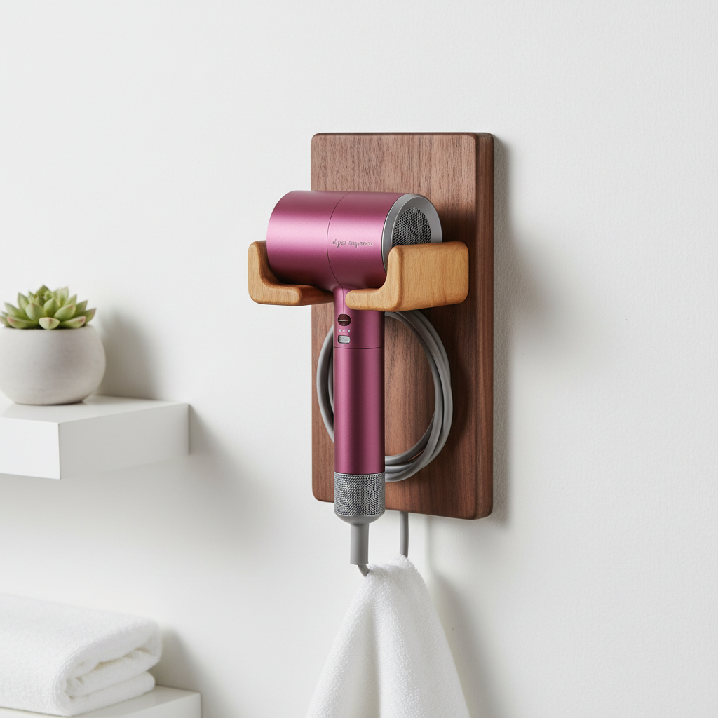 Wall Mount Hair Dryer Holder for Dyson Supersonic Hair Dryer Walnut Beech Wood Hair Dryer Bracket - Bulkhead+plug holder